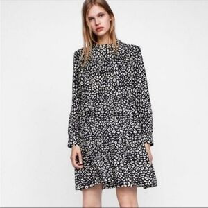 Zara Black Cream Ruffle Babydoll Dress High Neck S